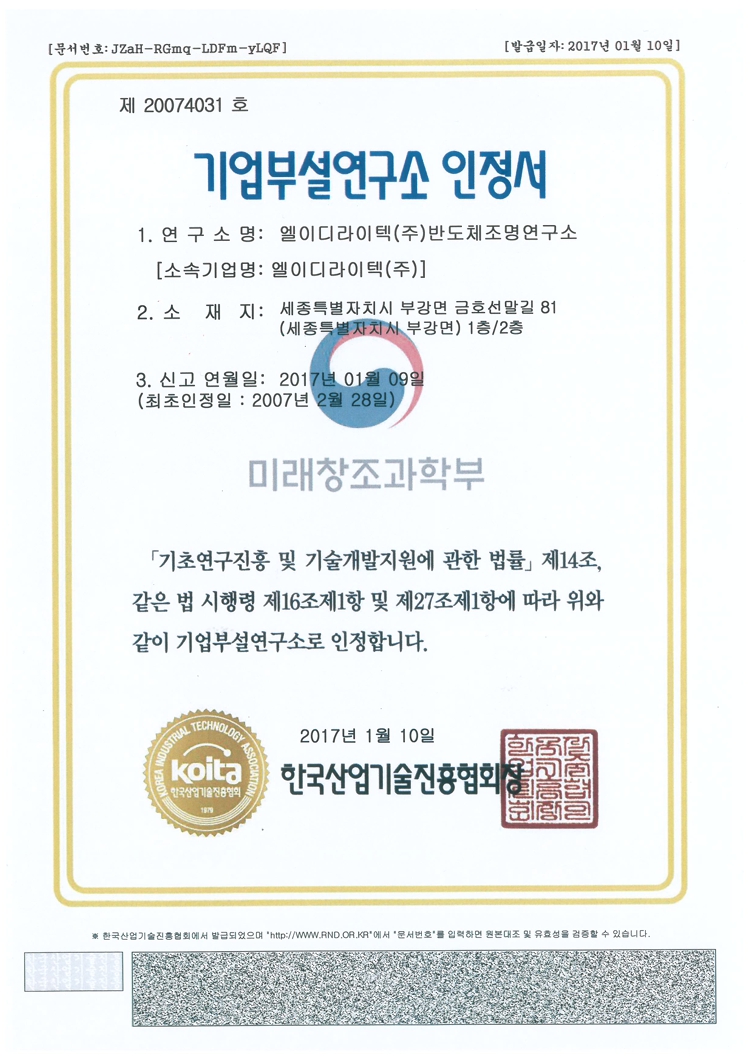 Certificate of Corporate R&D Center